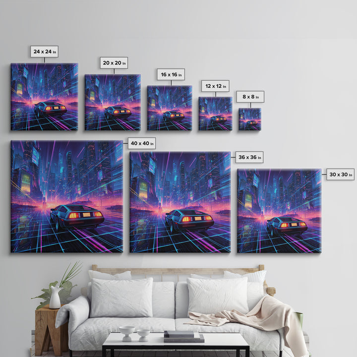 Retro Futuristic Car In Neon Cityscape Wall Art, Cyberpunk Sci Fi Canvas Print, Gaming Room Decor Modern Art