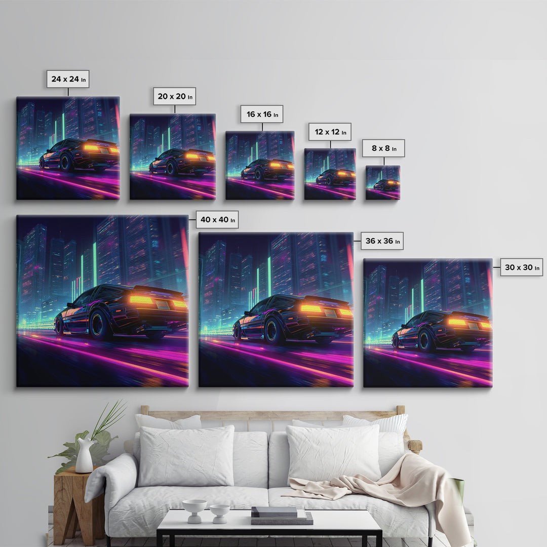 Neon Cyberpunk Sports Car Night Cityscape Wall Art Futuristic Sci Fi Urban Decor Gaming Room Canvas Print For Cool Office