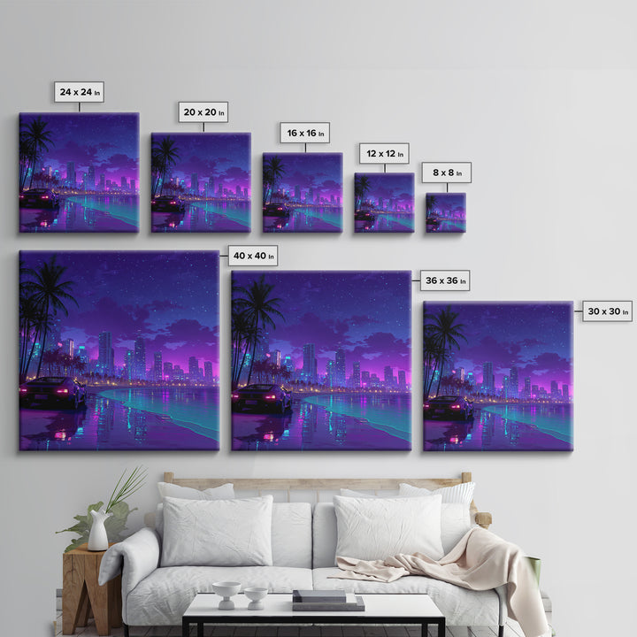 Neon Miami Night Cityscape Wall Art, Retro Futuristic Car On Beach, Cyberpunk Ocean Art, Gaming Room Decor Canvas Print