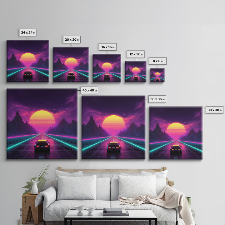 Retro Synthwave Sunset Highway Wall Art, Neon Car Landscape Canvas Print, Cyberpunk Futuristic Decor, Gaming Room Wall Art