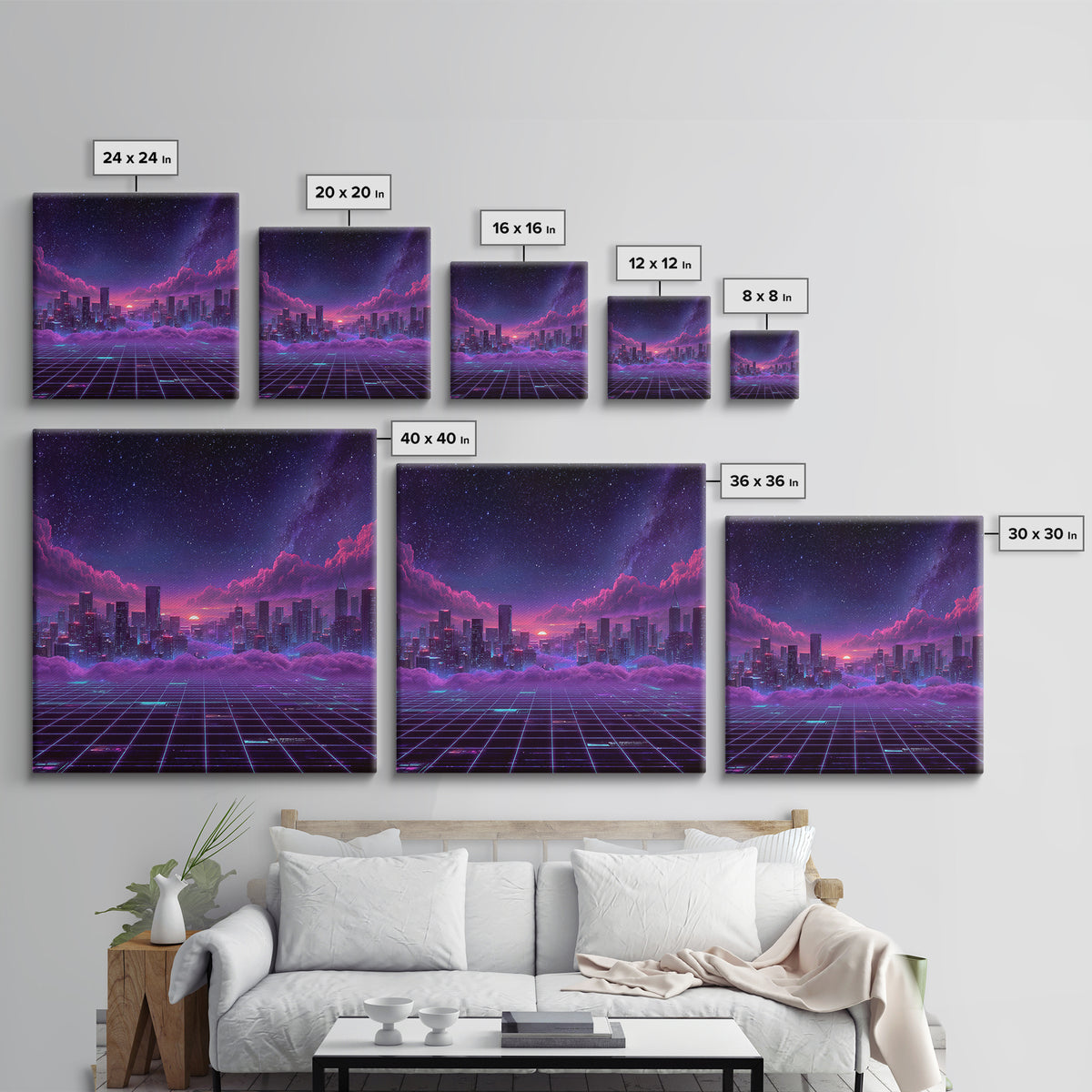 Neon Retro Futuristic Cityscape Wall Art, Vaporwave Sunset Skyline Canvas Print, Cyberpunk Room Decor, Gaming Office Artwork