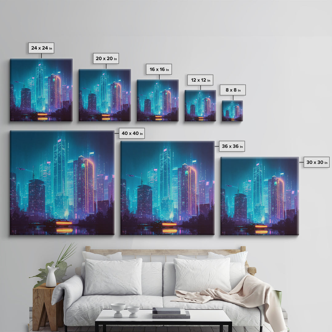 Cyberpunk Neon Cityscape At Night Wall Art, Futuristic Skyline Canvas Print, Retro Wave Room Decor, Gaming Home Decor