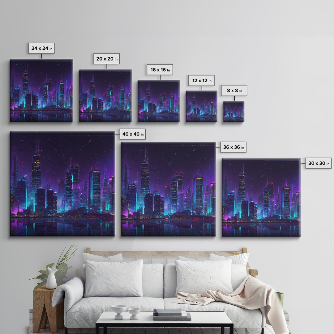 Neon Cyberpunk City Skyline Wall Art, Futuristic Nightscape Canvas Print, Sci Fi Gaming Room Decor, Vaporwave Wall Art