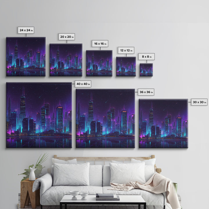 Neon Cyberpunk City Skyline Wall Art, Futuristic Nightscape Canvas Print, Sci Fi Gaming Room Decor, Vaporwave Wall Art