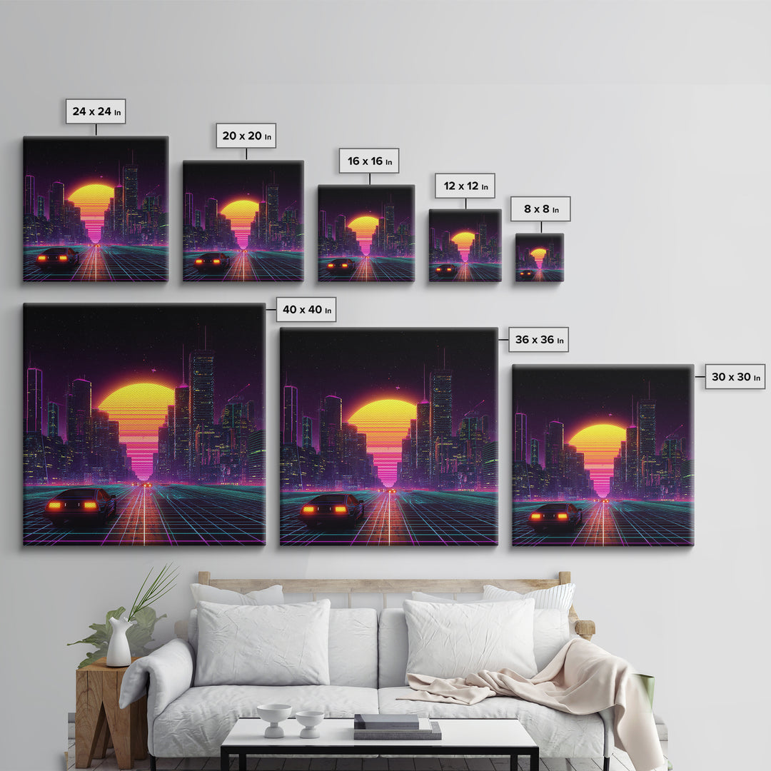 Retro Futuristic City Neon Sunset Car Driving 80s Vaporwave Wall Art Canvas Print Cyberpunk Decor Gaming Room Wall Art