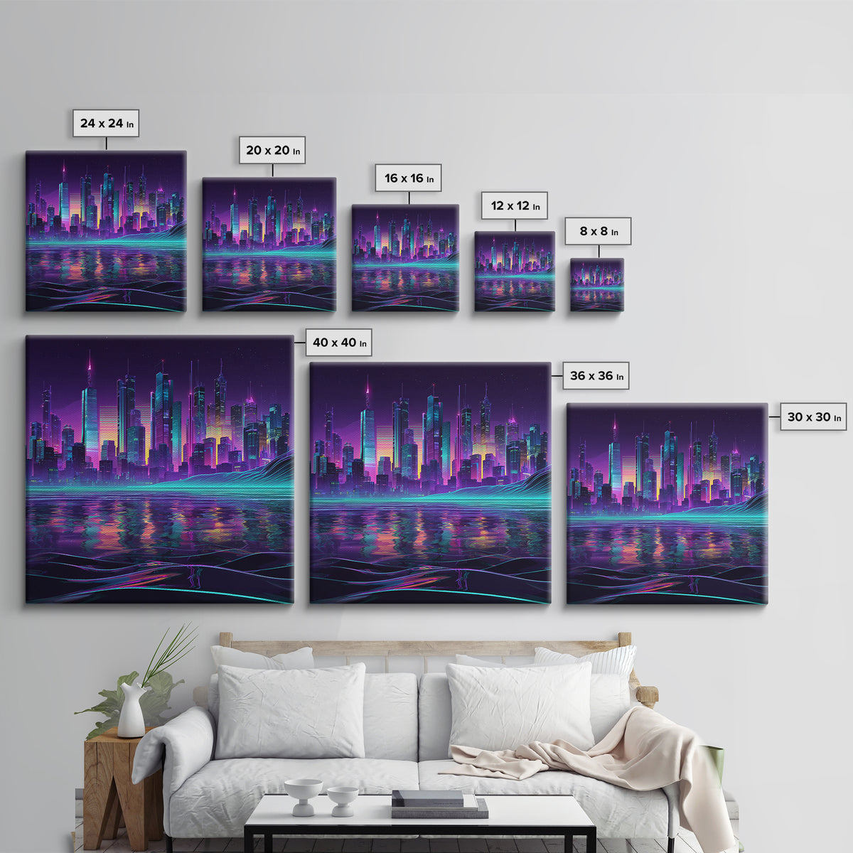 Neon Futuristic City Skyline At Night Wall Art Cyberpunk Landscape Canvas Print Modern Urban Home Decor Gaming Room Artwork