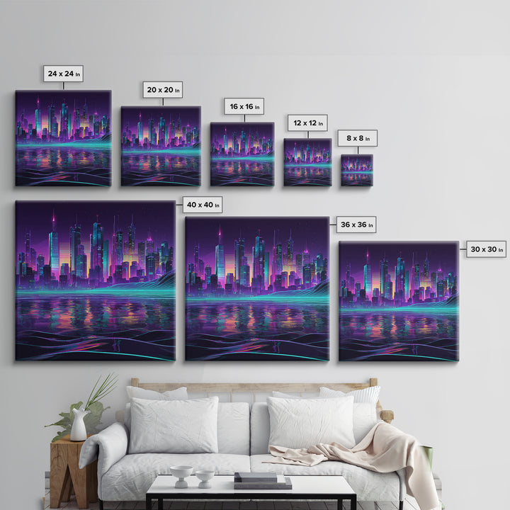 Neon Futuristic City Skyline At Night Wall Art Cyberpunk Landscape Canvas Print Modern Urban Home Decor Gaming Room Artwork