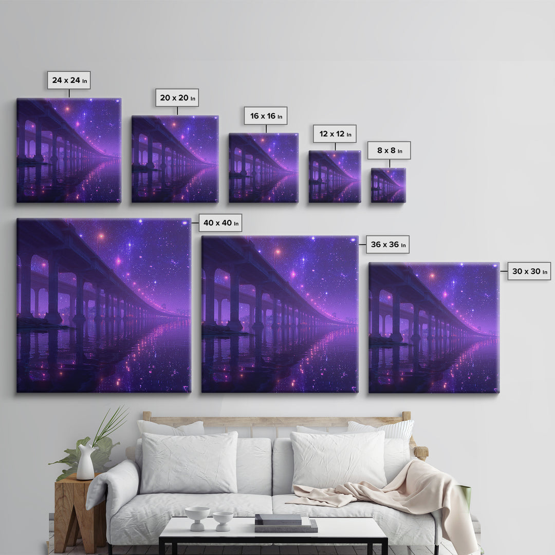 Neon Bridge At Night Over Water Wall Art, Dreamy Purple Cityscape Print, Modern Coastal Home Decor Canvas Print
