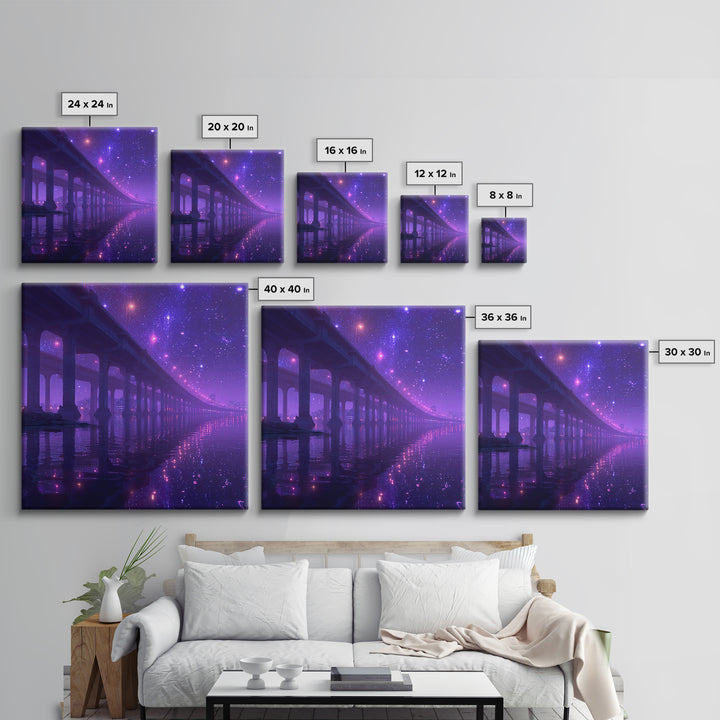 Neon Bridge At Night Over Water Wall Art, Dreamy Purple Cityscape Print, Modern Coastal Home Decor Canvas Print