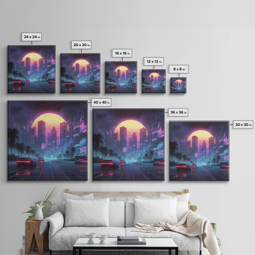 Neon Cyberpunk Cityscape With Retro Cars Wall Art Canvas Print, Futuristic Sci Fi Gaming Room Decor Modern Urban Art