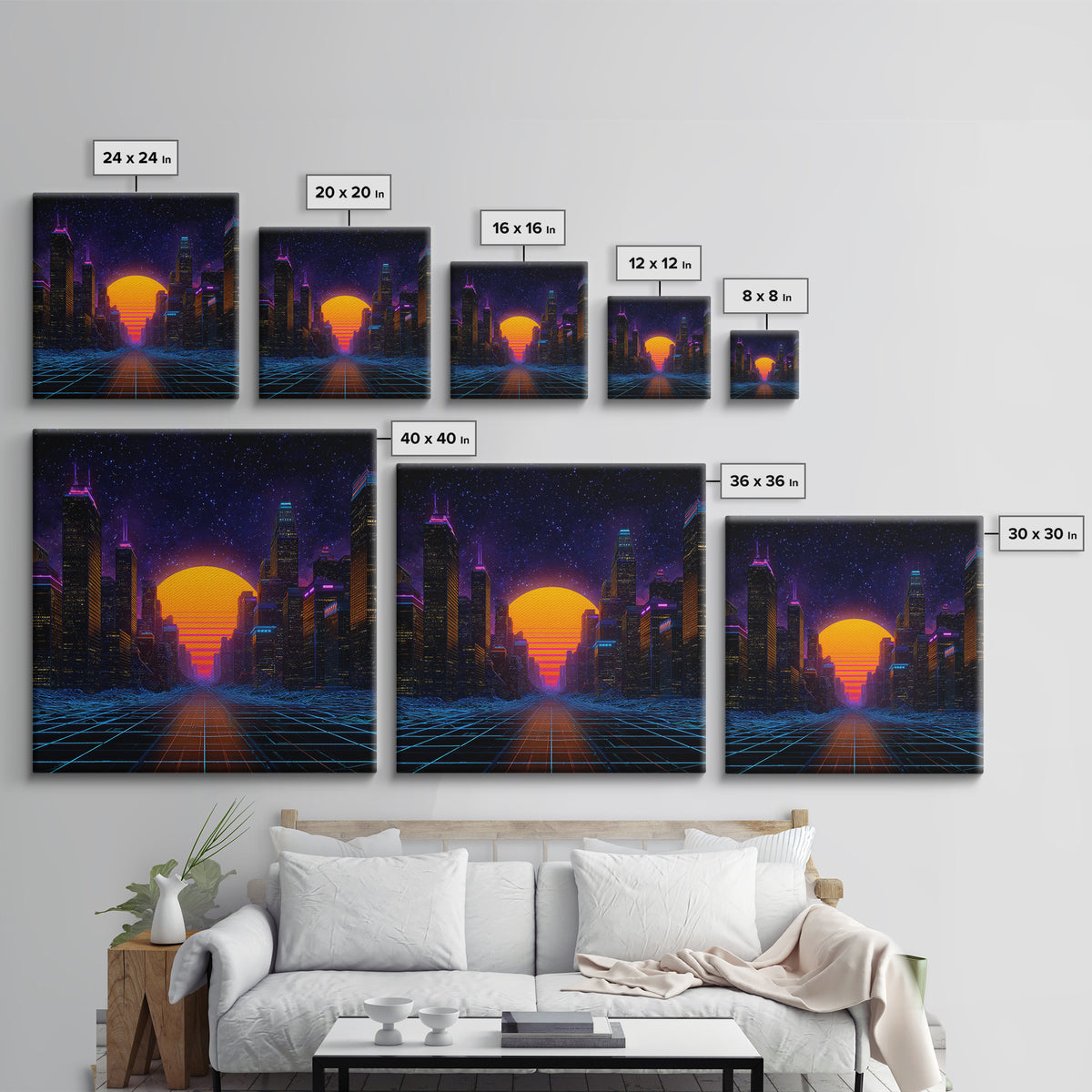 Neon City Sunset Retro Futuristic Wall Art, Cyberpunk Skyline Print, Synthwave Gaming Room Decor, Vibrant Sci Fi Living Room Wall Art