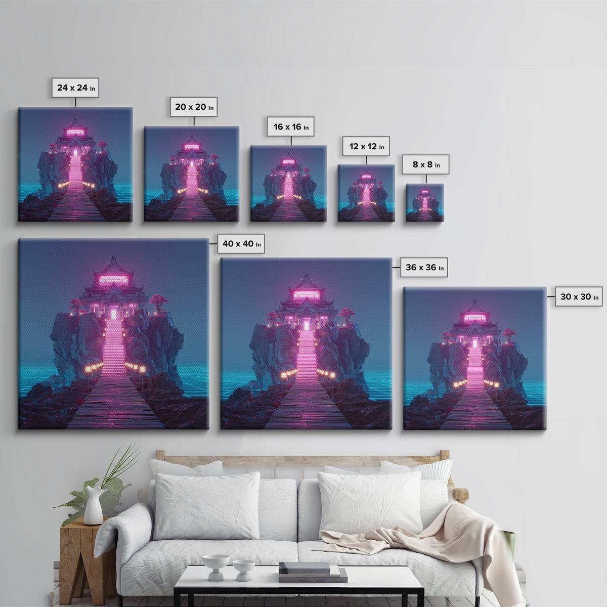 Neon Temple On Ocean Cliff Wall Art, Futuristic Fantasy Landscape Print, Surreal Zen Decor, Modern Home Decor Canvas Print