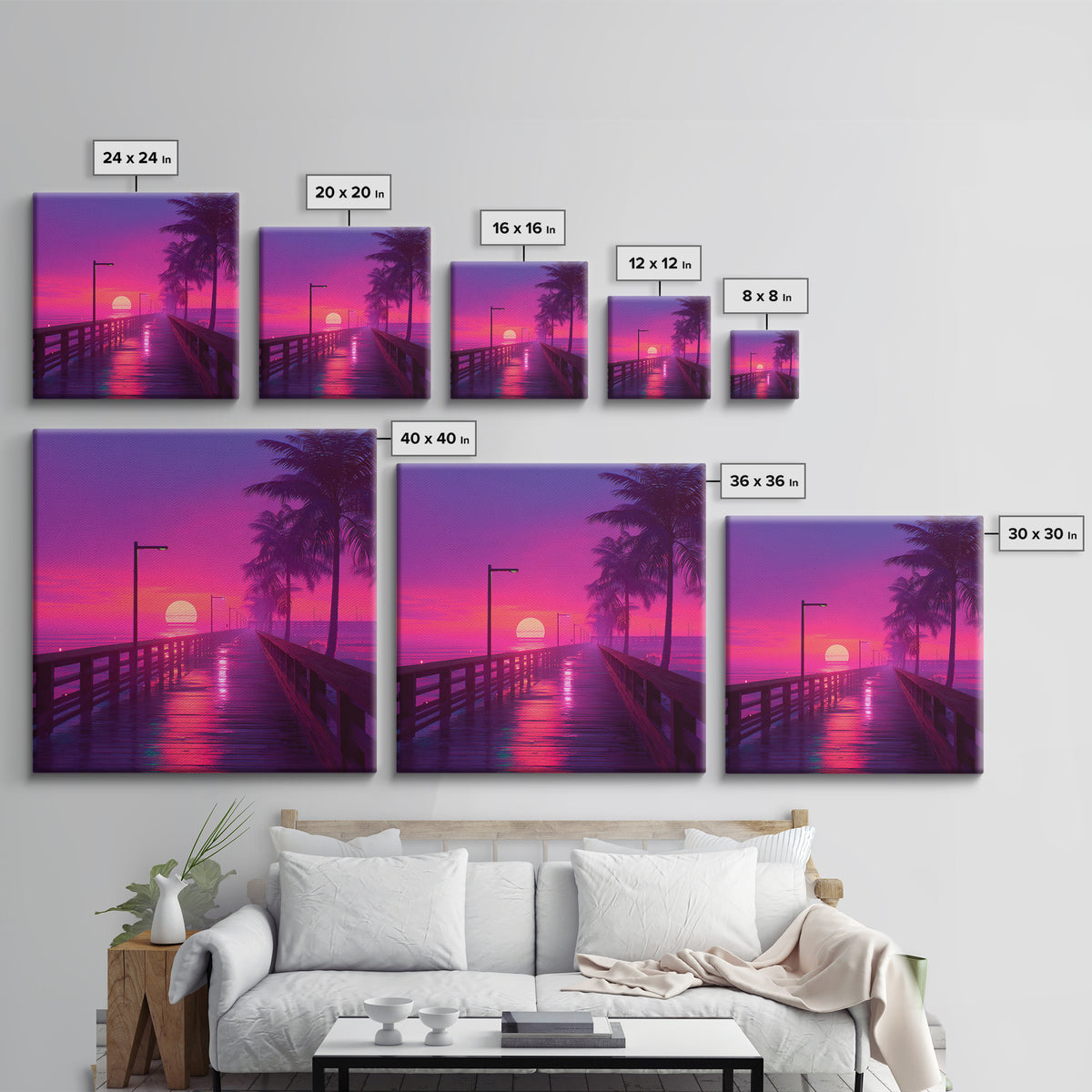 Neon Pier At Sunset With Palm Trees Wall Art, Vibrant Coastal Landscape Print, Retro Beach Home Decor Canvas Print
