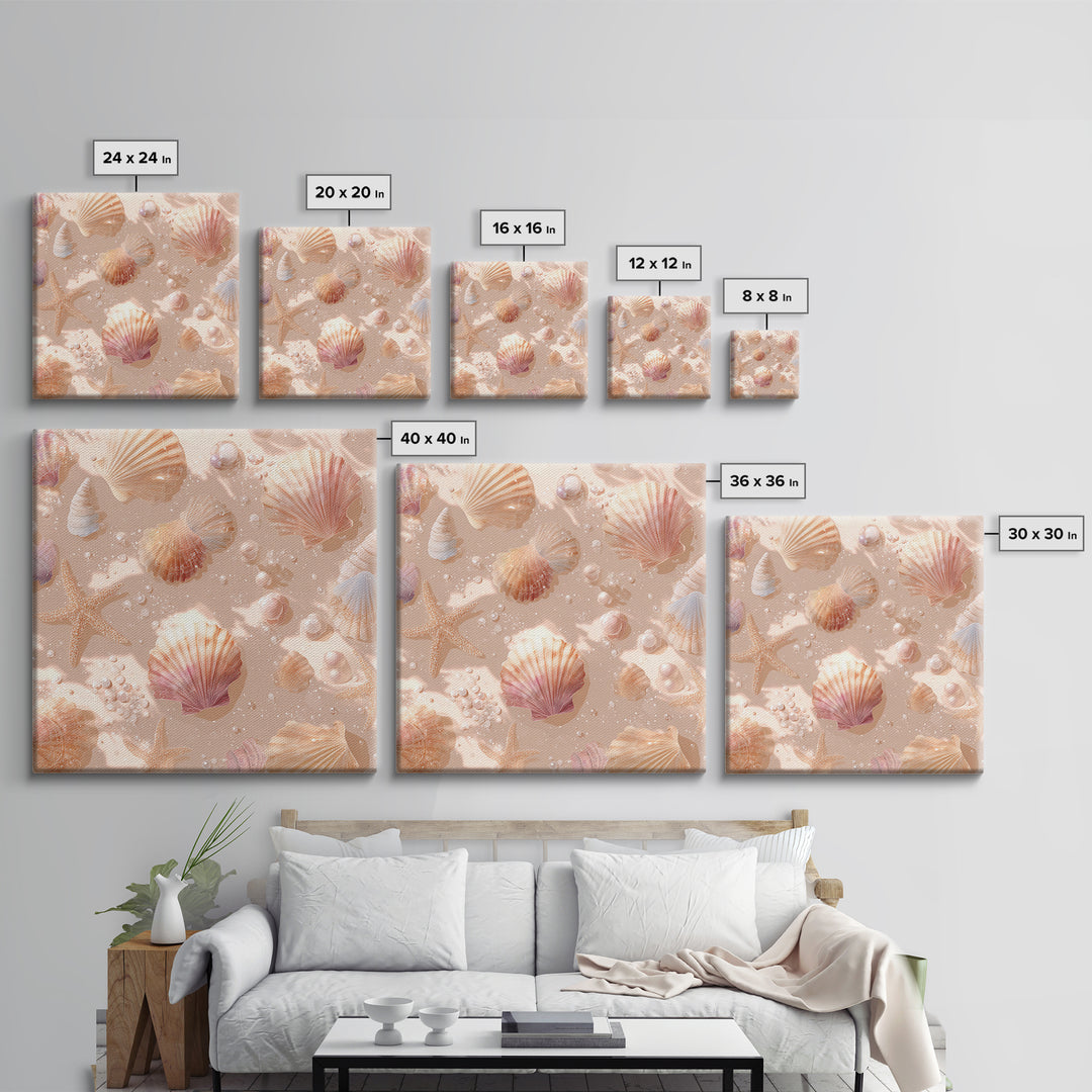 Blush Seashells And Starfish Canvas Print, Coastal Wall Art, Beach House Decor, Ocean Nursery Decor, Soft Nautical Decor