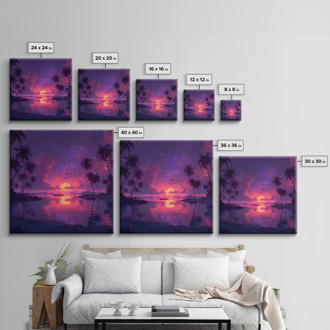 Starlit Tropical Lagoon Sunset Wall Art, Dreamy Pink Purple Coastal Landscape, Romantic Beach Canvas Print For Bedroom