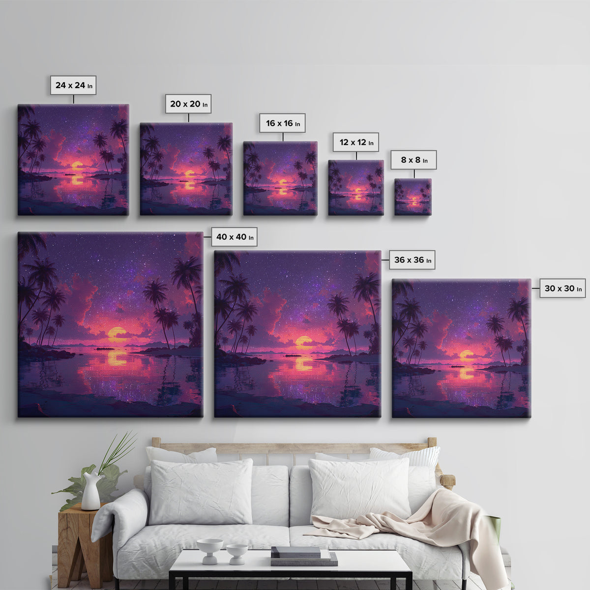 Starlit Tropical Lagoon Sunset Wall Art, Dreamy Pink Purple Coastal Landscape, Romantic Beach Canvas Print For Bedroom