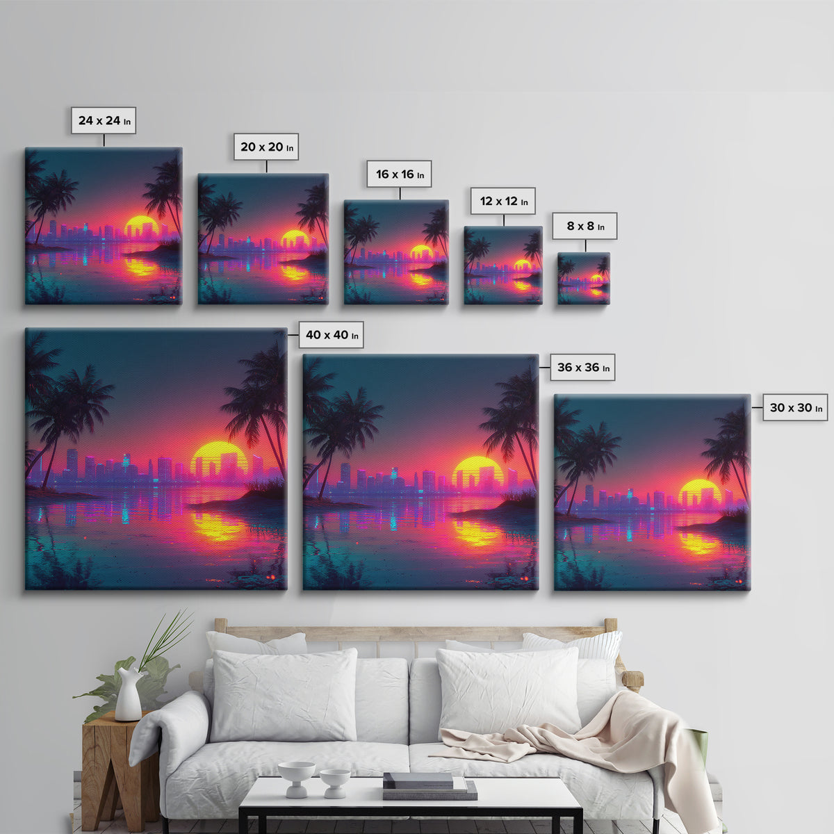 Retro Neon Beach Sunset City Skyline Wall Art Vaporwave Aesthetic Canvas Print Modern Coastal Wall Art Decor