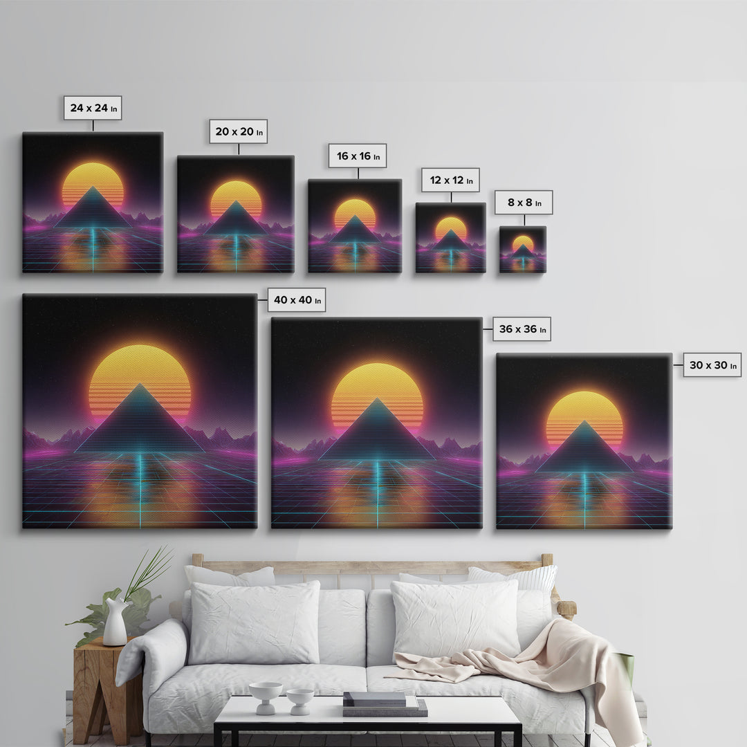 Retro Futuristic Pyramid Neon Sunset Landscape Wall Art Vaporwave Synthwave Painting Gaming Room Decor Canvas Print