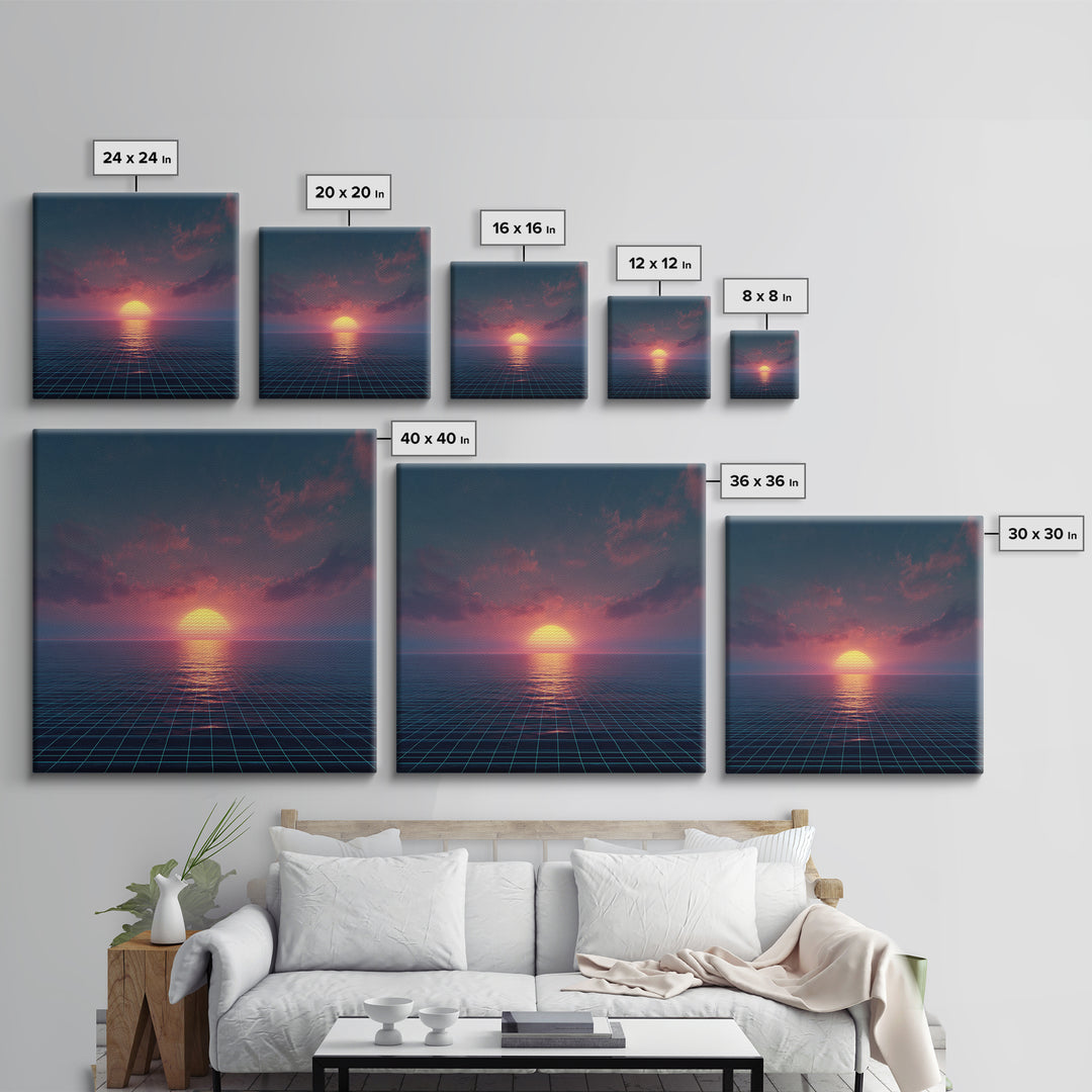 Neon Ocean Horizon Sunset Canvas Print, Retro Grid Seascape Wall Art, Futuristic Coastal Decor, Synthwave Bedroom Or Gaming Room Art