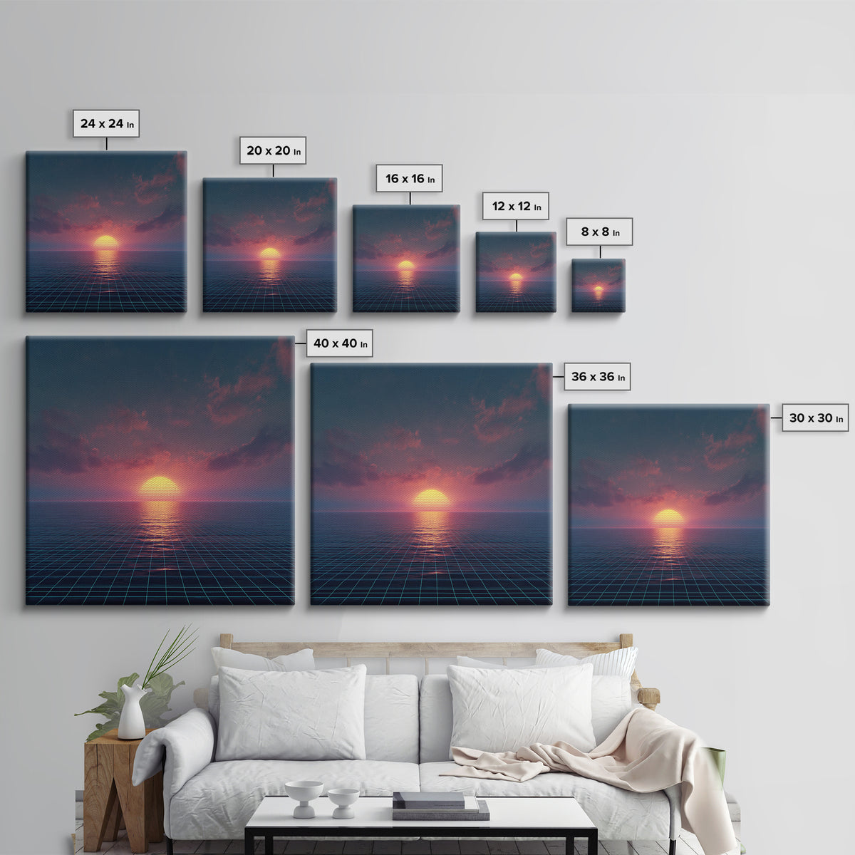 Neon Ocean Horizon Sunset Canvas Print, Retro Grid Seascape Wall Art, Futuristic Coastal Decor, Synthwave Bedroom Or Gaming Room Art