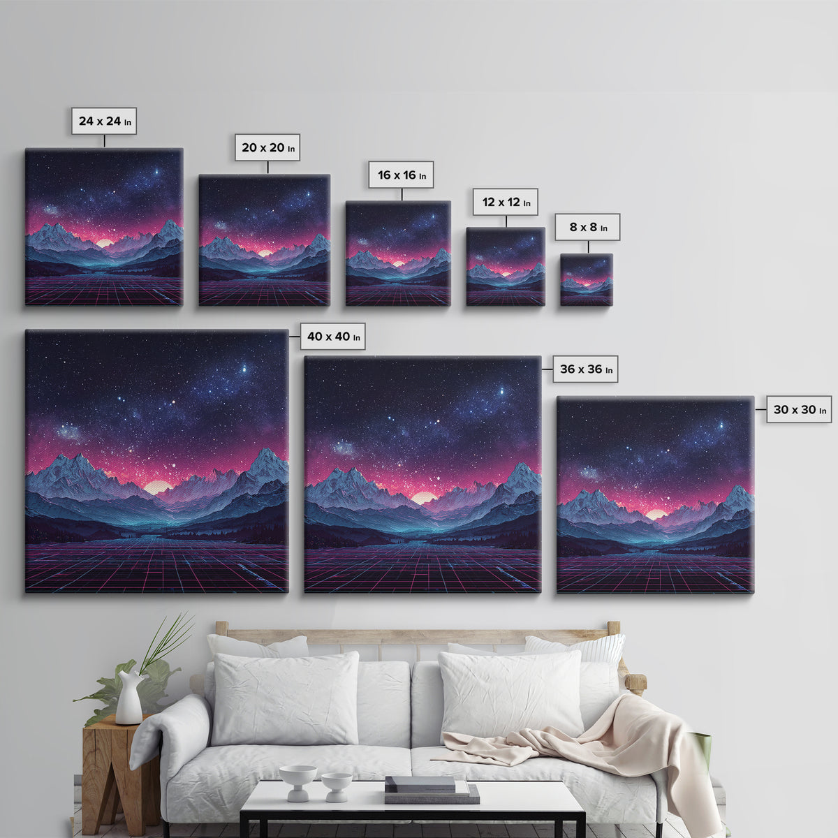 Neon Retro Mountains At Night Wall Art, Synthwave Landscape Print, Futuristic Gaming Room Decor, Vaporwave Aesthetic Wall Art