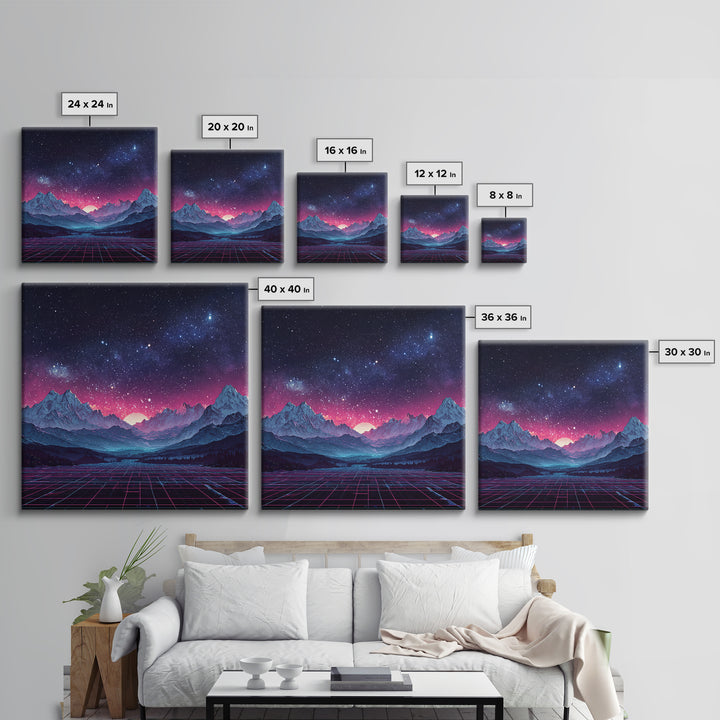 Neon Retro Mountains At Night Wall Art, Synthwave Landscape Print, Futuristic Gaming Room Decor, Vaporwave Aesthetic Wall Art