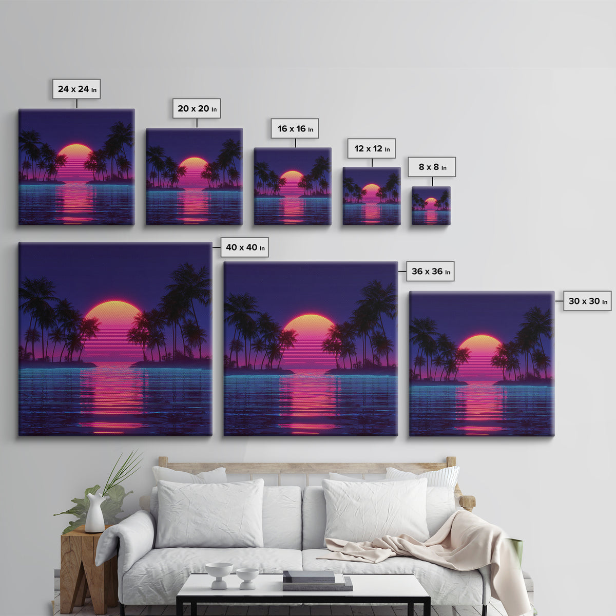Retro Neon Island Sunset Wall Art, Synthwave Palm Tree Canvas Print, Vaporwave City Beach Decor, Futuristic Coastal Art