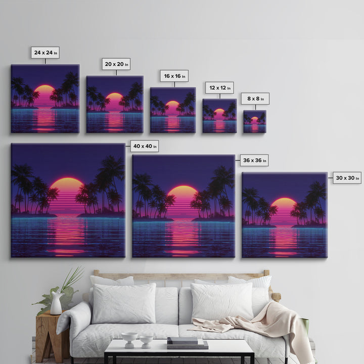 Retro Neon Island Sunset Wall Art, Synthwave Palm Tree Canvas Print, Vaporwave City Beach Decor, Futuristic Coastal Art