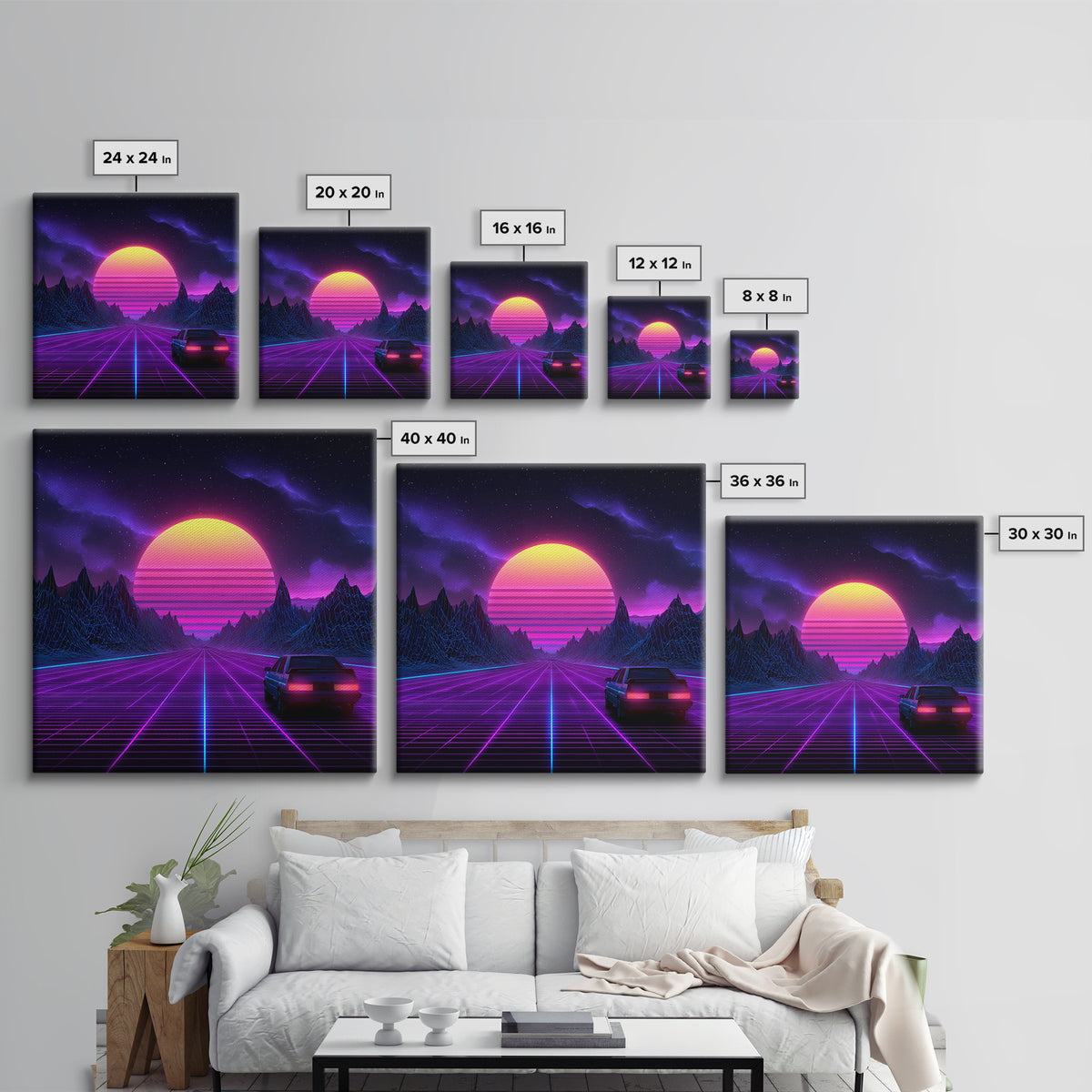 Neon Retro Highway Vaporwave Landscape Wall Art Canvas Print, Futuristic Sci Fi Gaming Room Decor Modern Abstract Art
