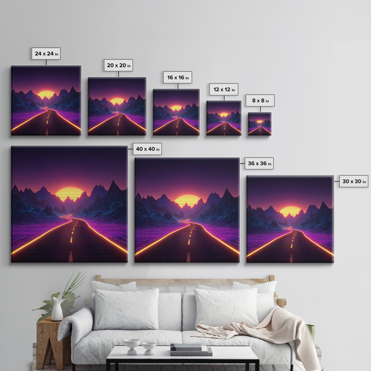 Retro Futuristic Neon Road Wall Art, Synthwave Landscape Poster, Gaming Room Decor, Vibrant 80s Style Canvas Print