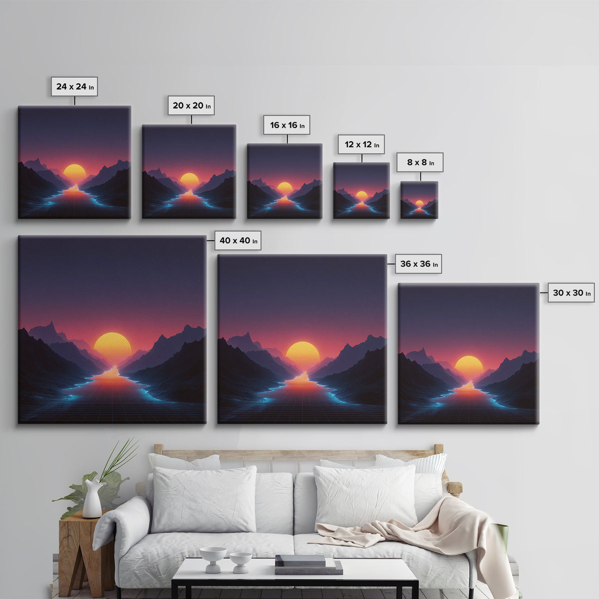 Retro Synthwave Sunset Over Neon River Wall Art, Futuristic 80s Vaporwave Landscape Canvas Print For Gaming Room