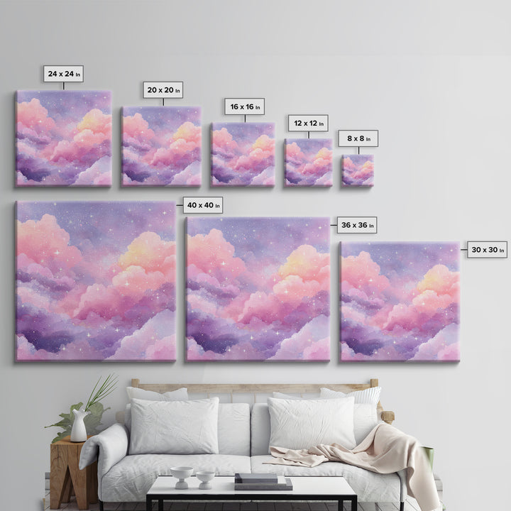 Pink Lavender Starry Clouds Wall Art, Pastel Celestial Canvas Print, Dreamy Nursery Decor, Girls Room Decor, Whimsical Art
