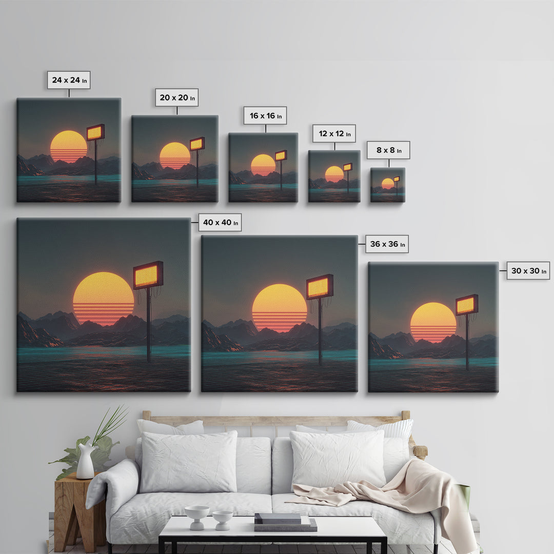 Futuristic Neon Sun Over Sci Fi Mountains Wall Art, Cyberpunk Landscape Home Decor, Retro Synthwave Canvas Print