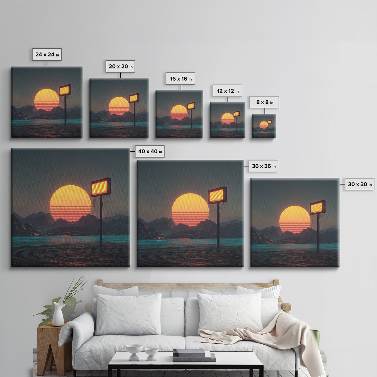Futuristic Neon Sun Over Sci Fi Mountains Wall Art, Cyberpunk Landscape Home Decor, Retro Synthwave Canvas Print