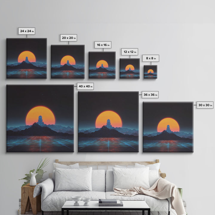 Sci Fi Observatory Sunset Landscape Wall Art, Retro Futuristic Mountains, Neon Synthwave Canvas Print Decor
