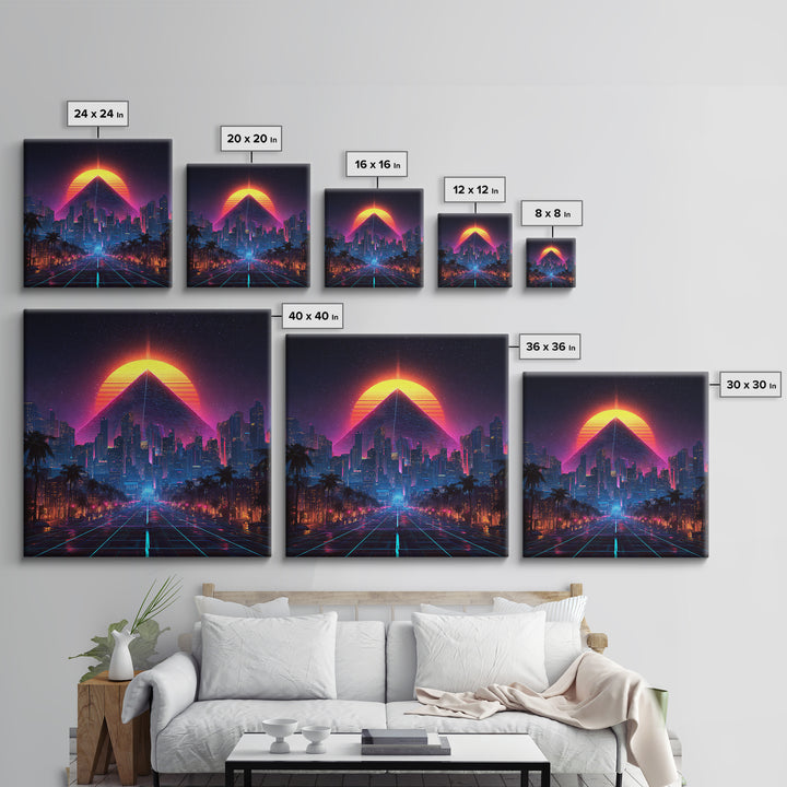 Retro Futuristic Neon City Pyramid Wall Art, Cyberpunk Sunset Canvas Print, Synthwave Gaming Room Decor, Sci Fi Art