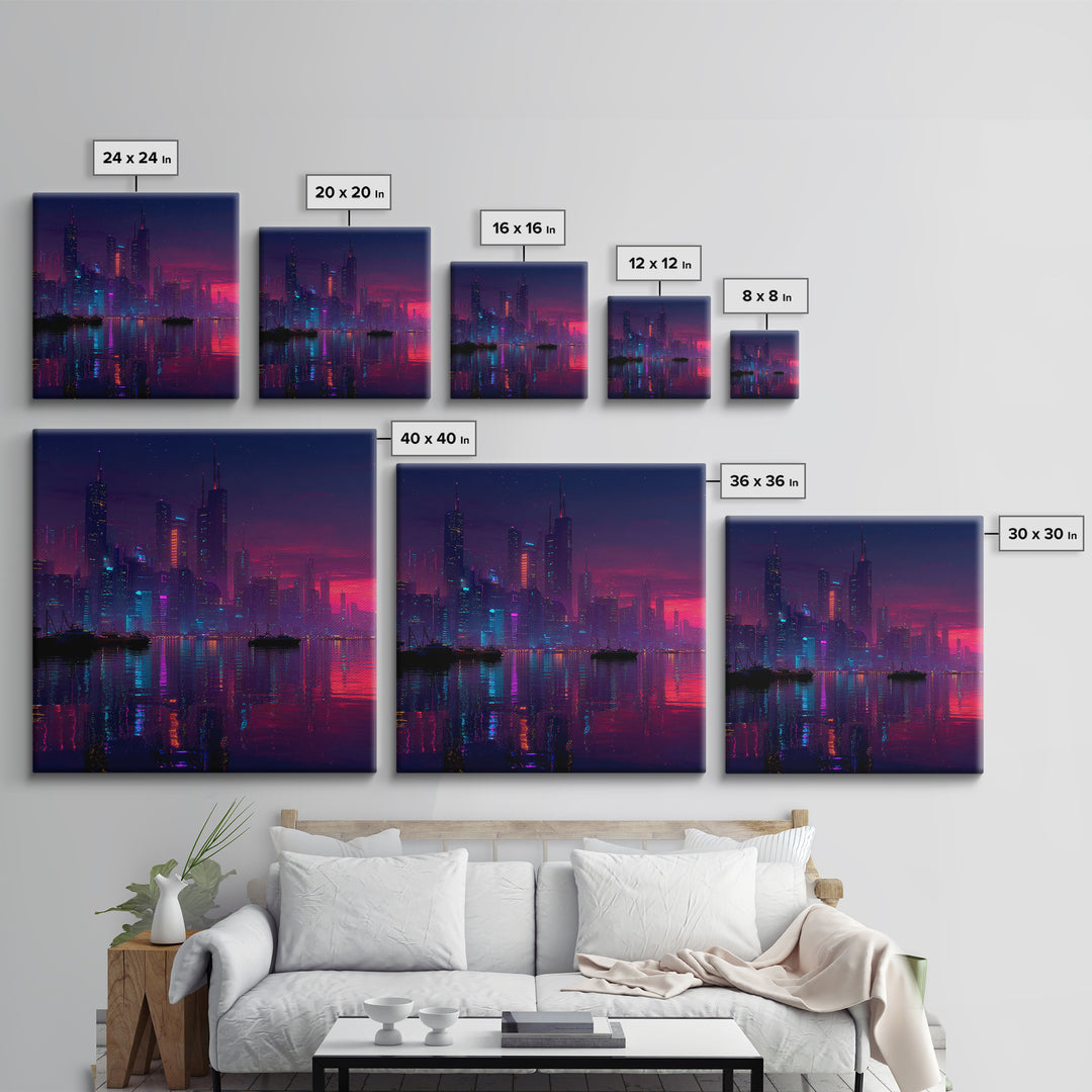 Cyberpunk Neon City Skyline Wall Art, Futuristic Night Harbor Canvas Print, Sci Fi Cityscape Decor, Gaming Room Modern Wall Art