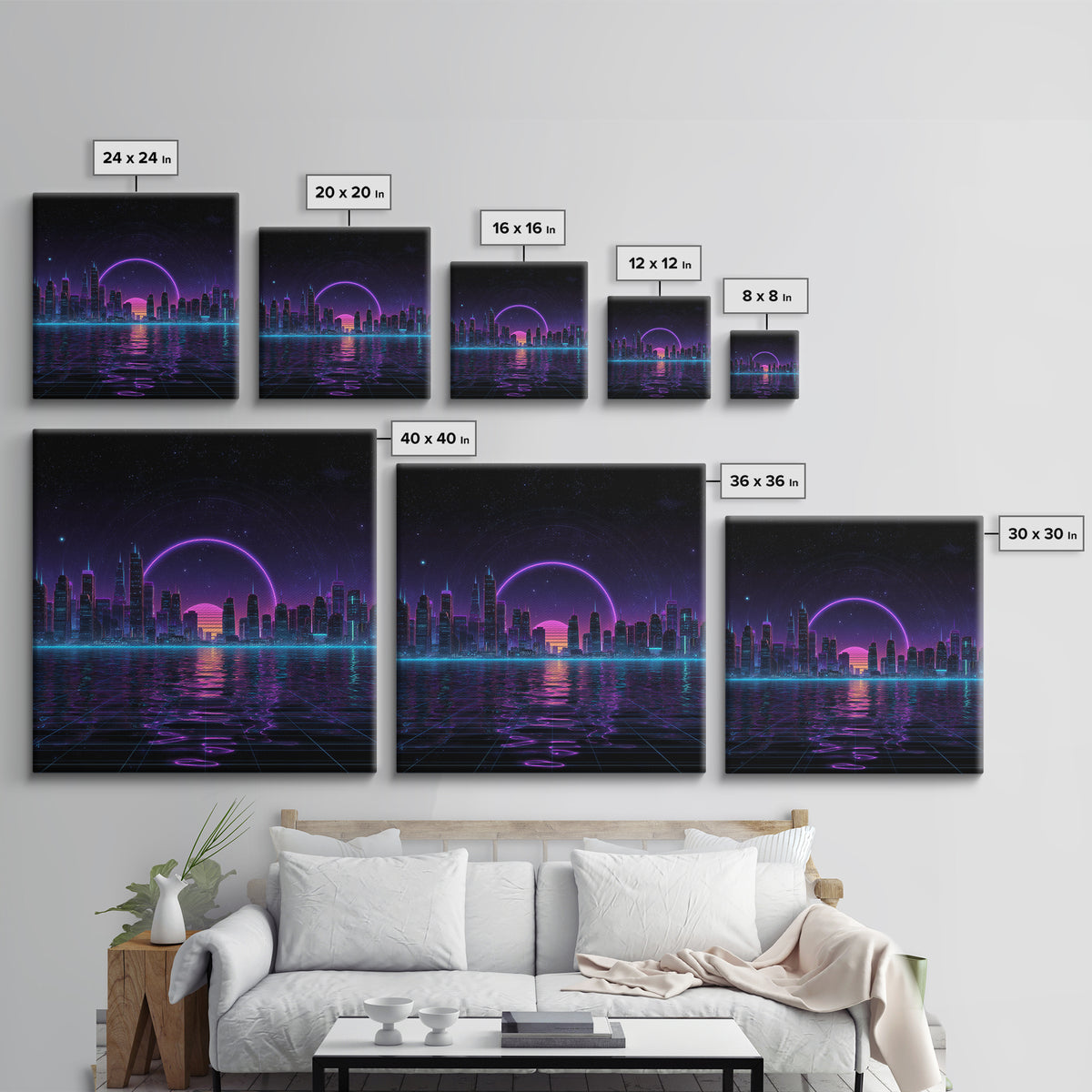 Neon City Skyline Over Water Retro Futuristic Wall Art Vaporwave Cityscape Canvas Print Gaming Room Decor