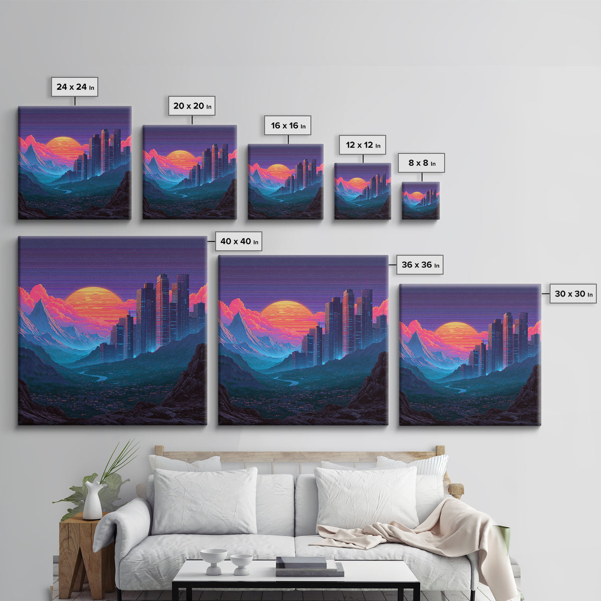 Cyberpunk City Neon Sunset Landscape Wall Art Futuristic Skyline Painting Gaming Room Decor Modern Wall Art Canvas Print