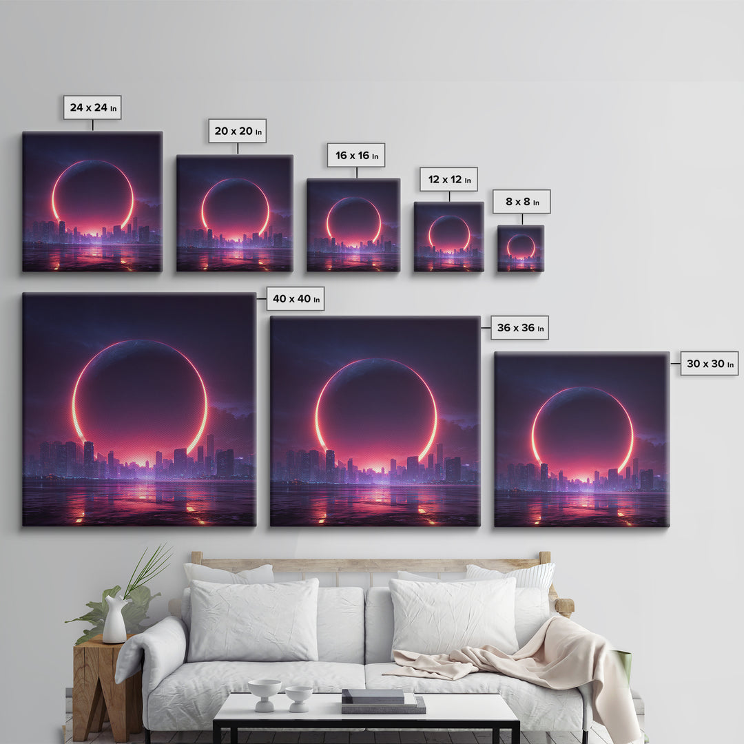 Futuristic Eclipse Cityscape Canvas Print, Neon Sci Fi Wall Art, Cyberpunk Skyline Decor For Gaming Room Or Modern Office