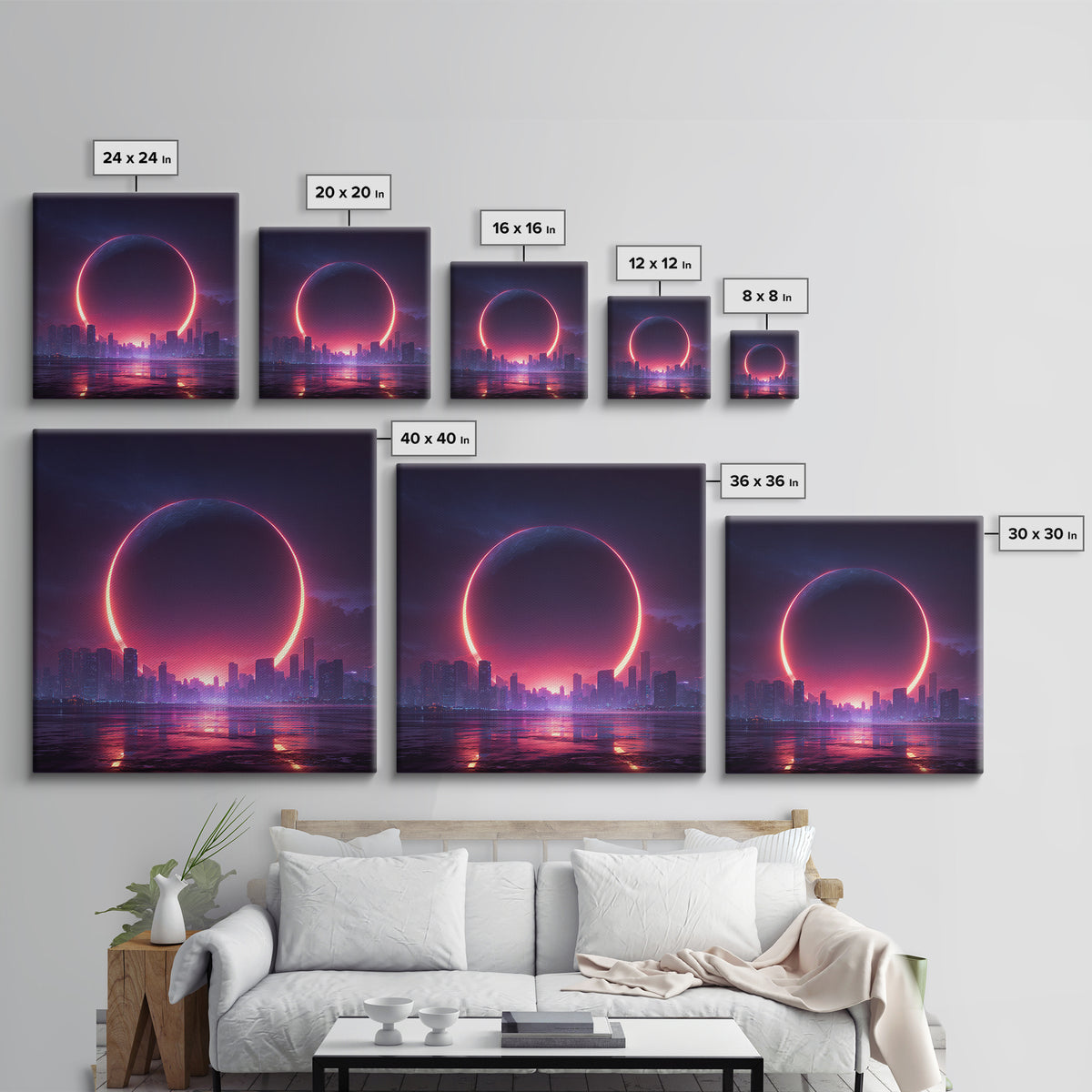 Futuristic Eclipse Cityscape Canvas Print, Neon Sci Fi Wall Art, Cyberpunk Skyline Decor For Gaming Room Or Modern Office