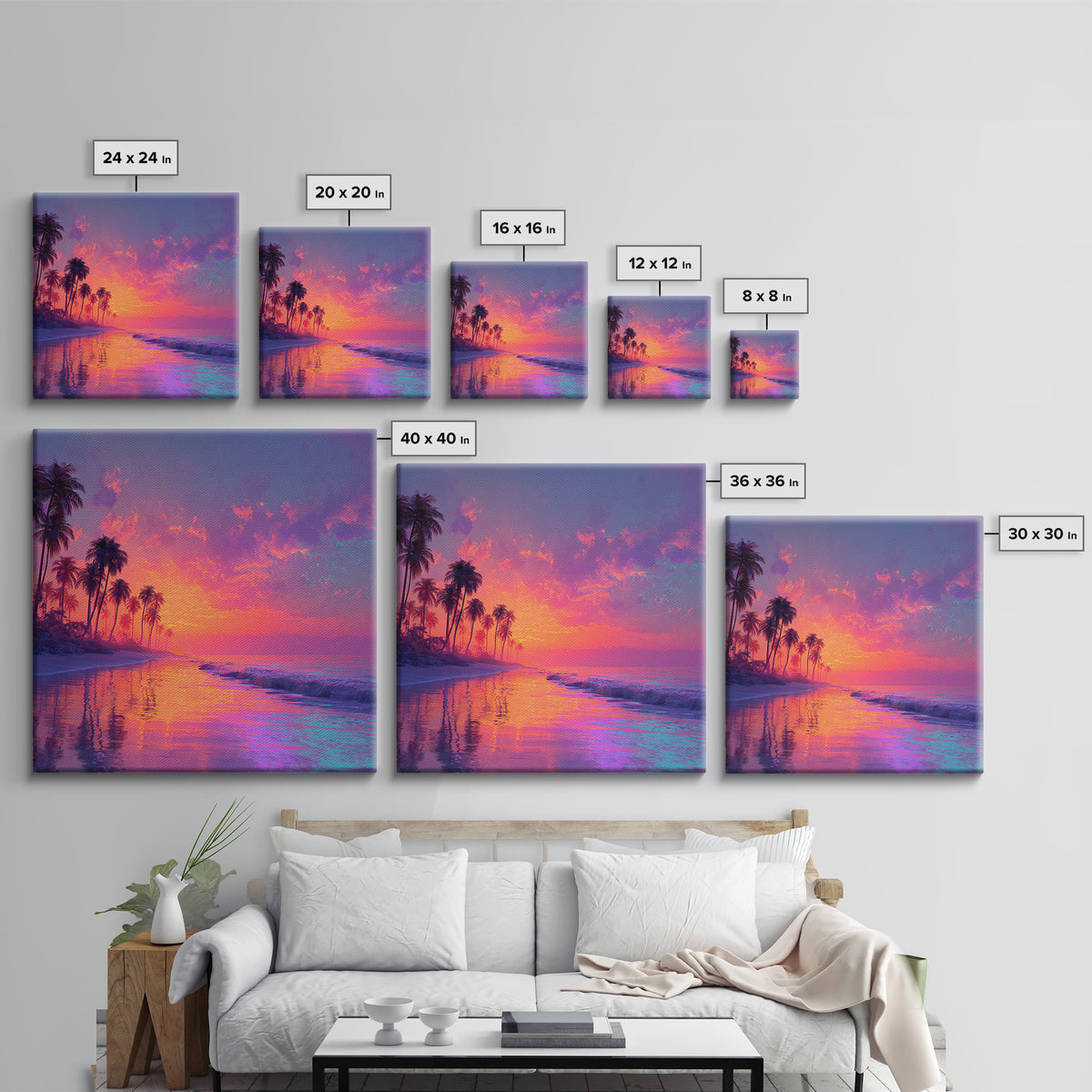 Dreamy Tropical Sunset Beach Wall Art, Colorful Coastal Ocean Canvas Print, Beach House Decor, Modern Coastal Art Print