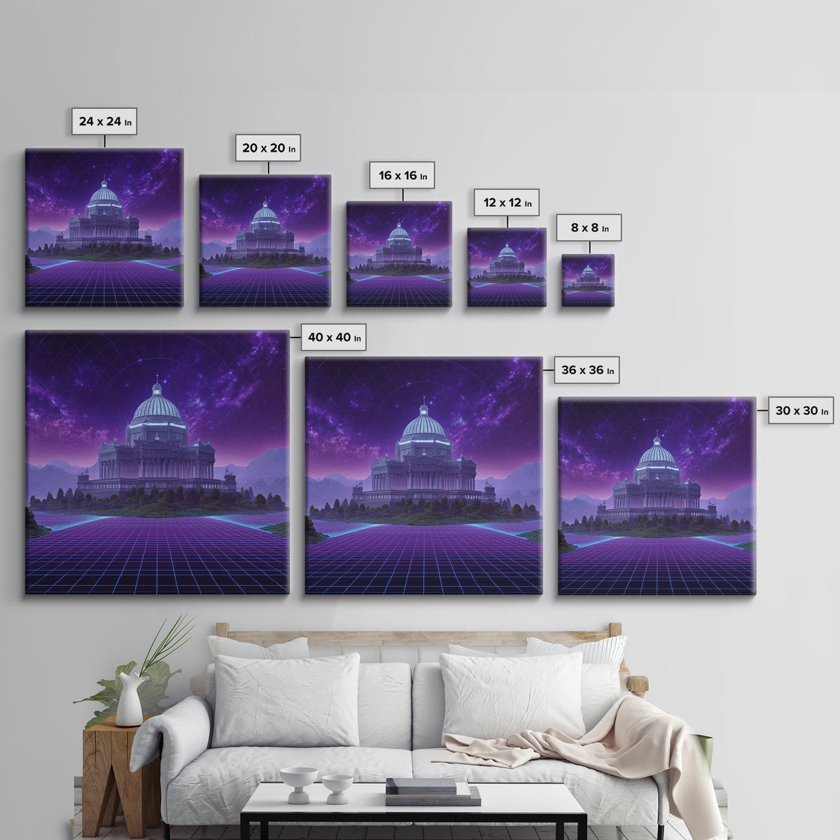 Retro Futuristic Palace Under Stars Wall Art, Neon Sci Fi Cityscape Canvas Print, Cyberpunk Gaming Room Decor