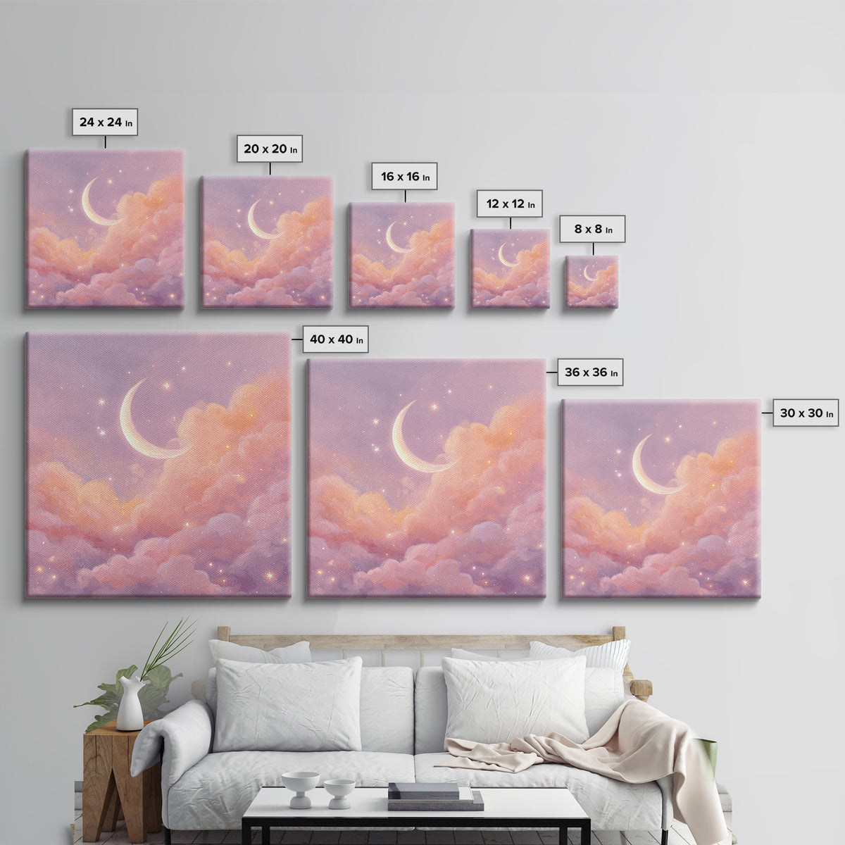 Soft Crescent Moon In Peach Clouds Canvas Print, Celestial Wall Art, Romantic Bedroom Decor, Calming Nursery Art, Cozy Wall Decor