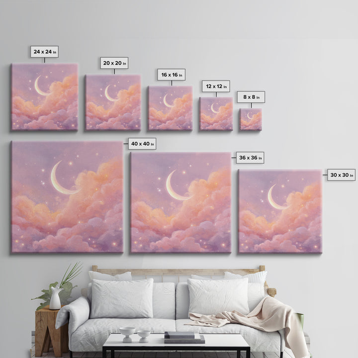 Soft Crescent Moon In Peach Clouds Canvas Print, Celestial Wall Art, Romantic Bedroom Decor, Calming Nursery Art, Cozy Wall Decor