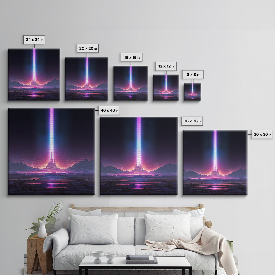 Futuristic Neon City With Beams Of Light Wall Art Canvas Print Modern Sci Fi Decor For Living Room