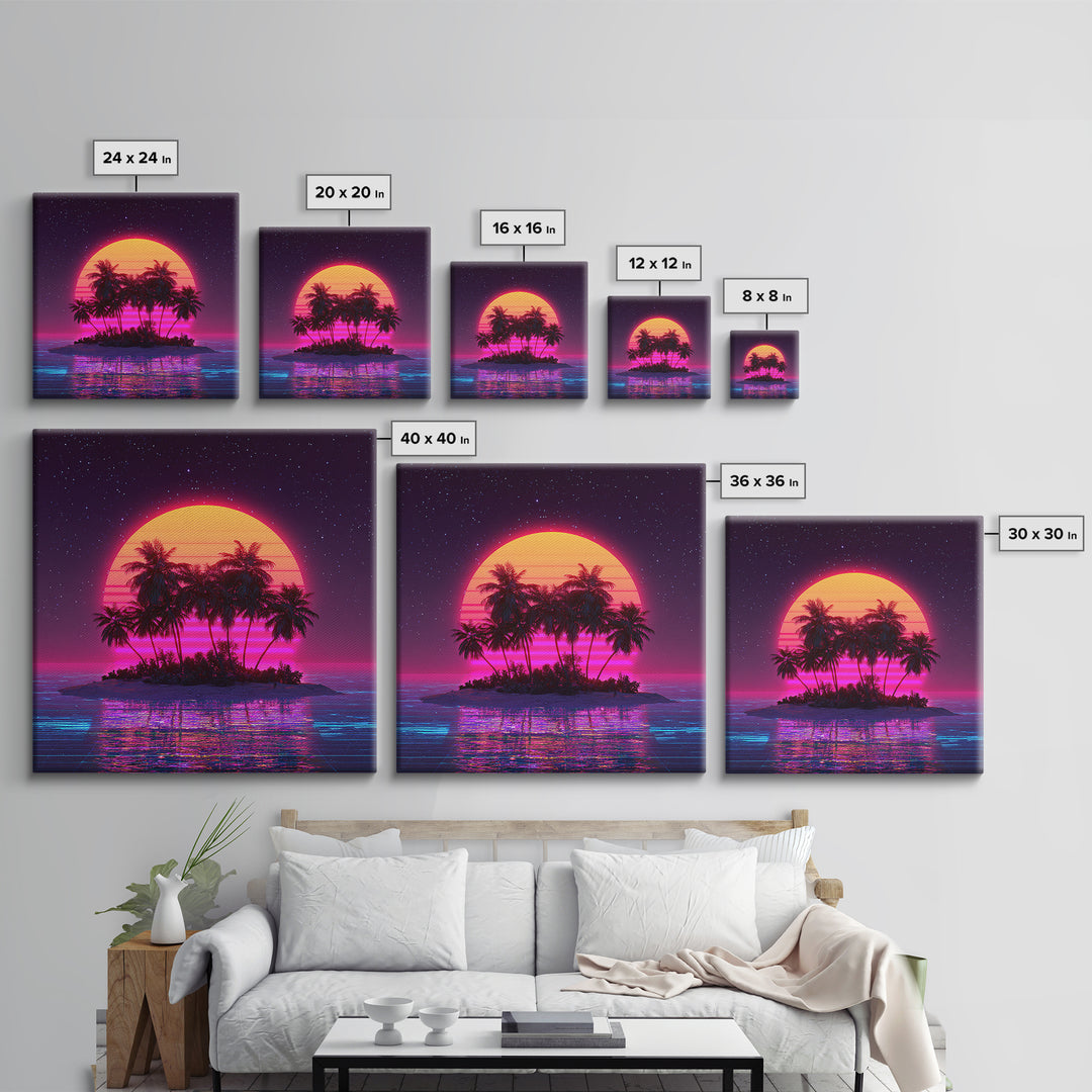 Retro Vaporwave Palm Island Wall Art, Neon Ocean Sunset Canvas Print, Aesthetic 80s Coastal Decor, Gaming Room Modern Wall Art