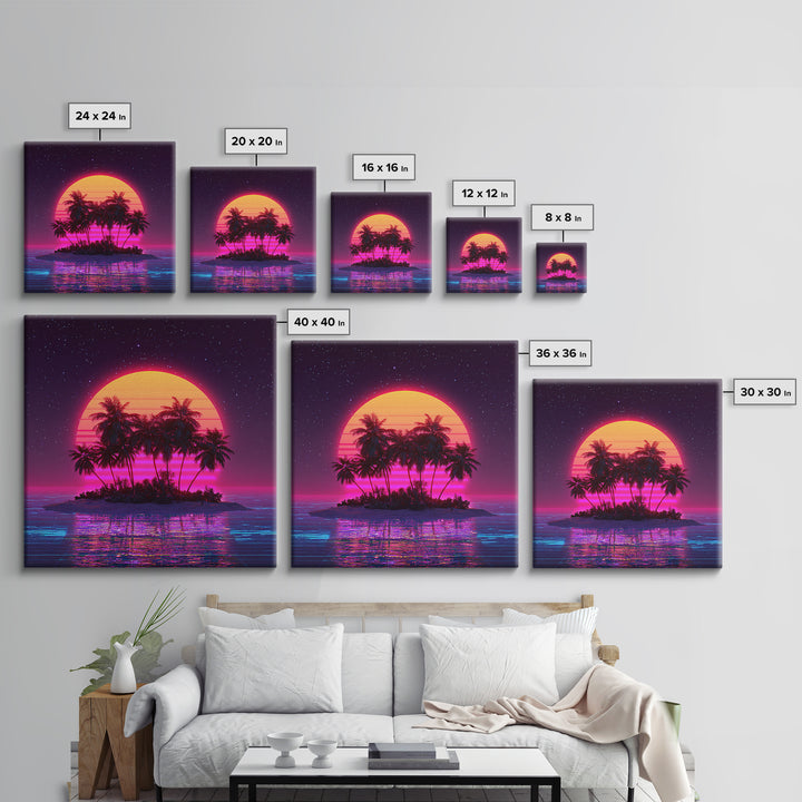 Retro Vaporwave Palm Island Wall Art, Neon Ocean Sunset Canvas Print, Aesthetic 80s Coastal Decor, Gaming Room Modern Wall Art