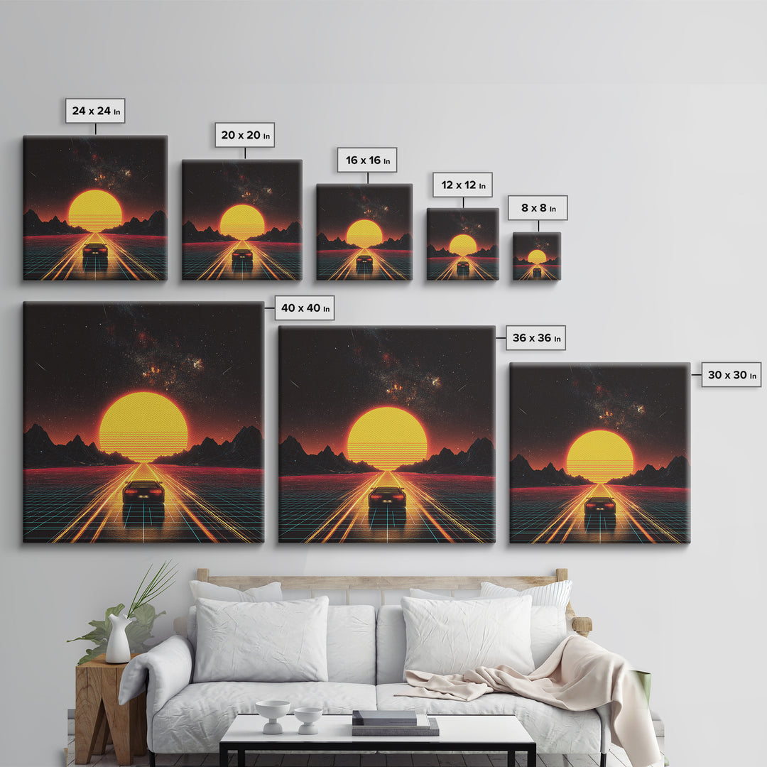 Retro Futuristic Car Road To Giant Neon Sun Wall Art, Synthwave Grid Landscape Canvas Print