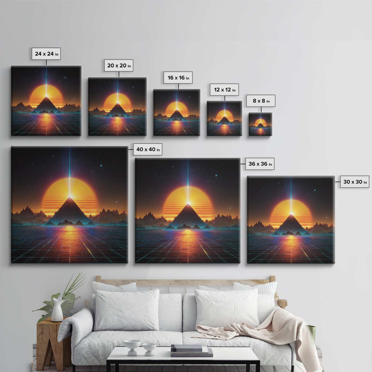 Retro Futuristic Pyramid Sunset Wall Art Neon Sci Fi Landscape Print Modern Abstract Art Print For Home Decor Living Room